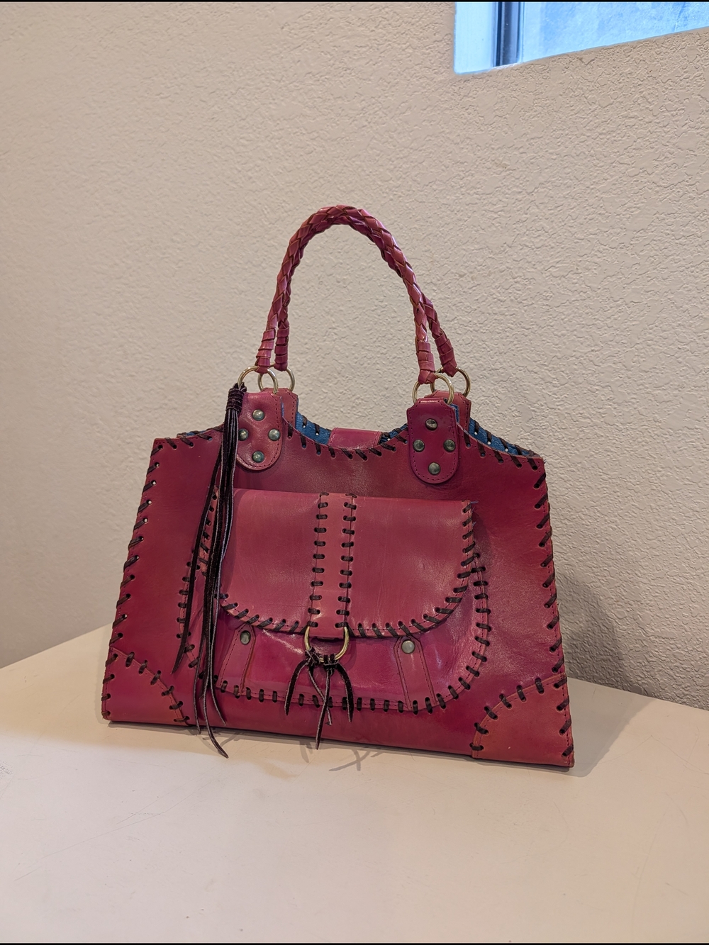T-Bags Designer-Style Pink Braided Handle Leather Tote